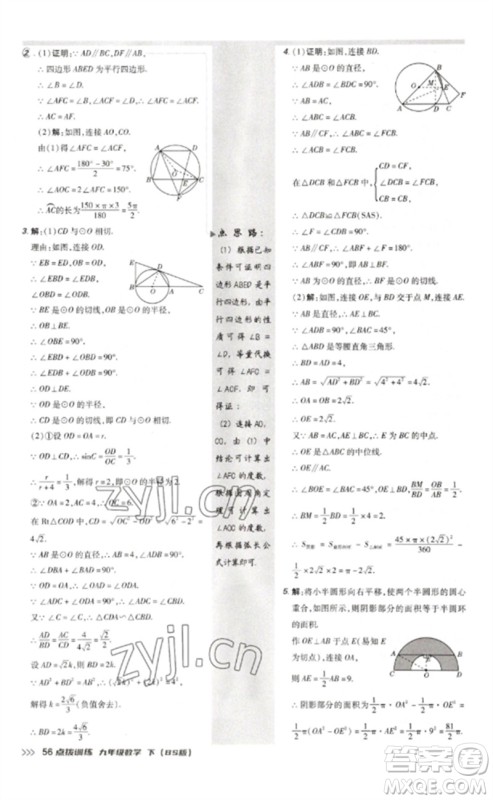 安徽教育出版社2023点拨训练九年级数学下册北师大版参考答案