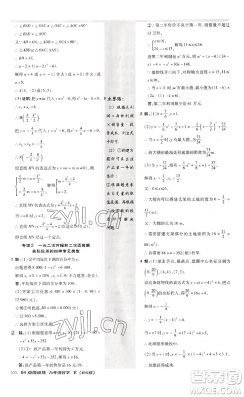 安徽教育出版社2023点拨训练九年级数学下册北师大版参考答案