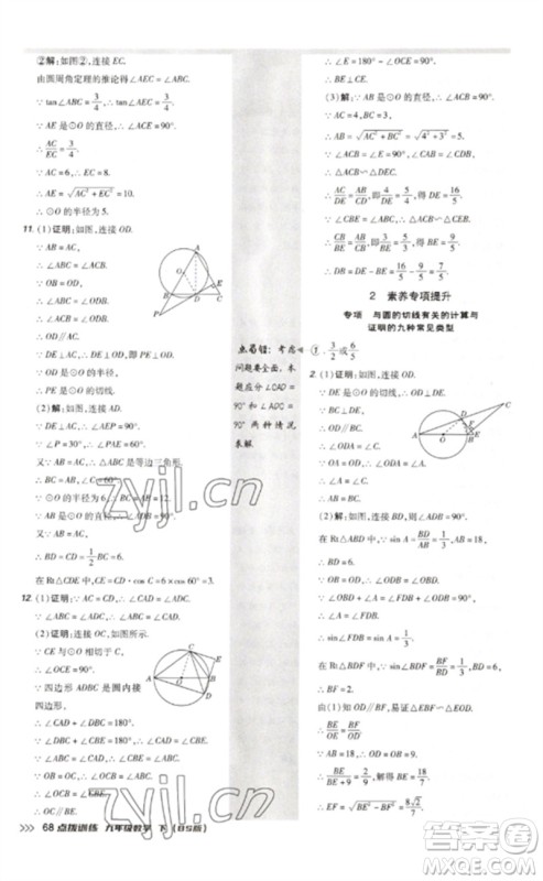 安徽教育出版社2023点拨训练九年级数学下册北师大版参考答案