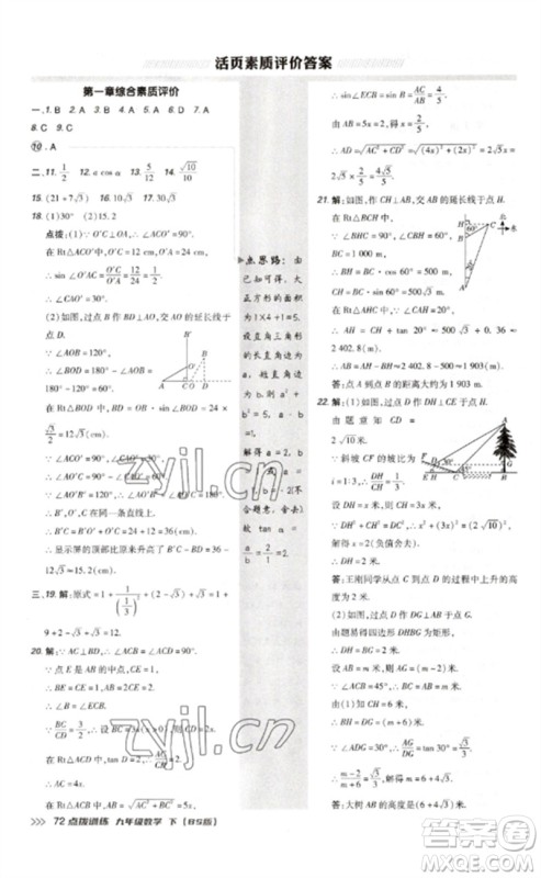 安徽教育出版社2023点拨训练九年级数学下册北师大版参考答案