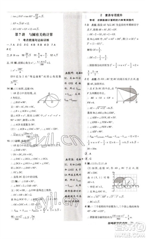 安徽教育出版社2023点拨训练九年级数学下册北师大版参考答案