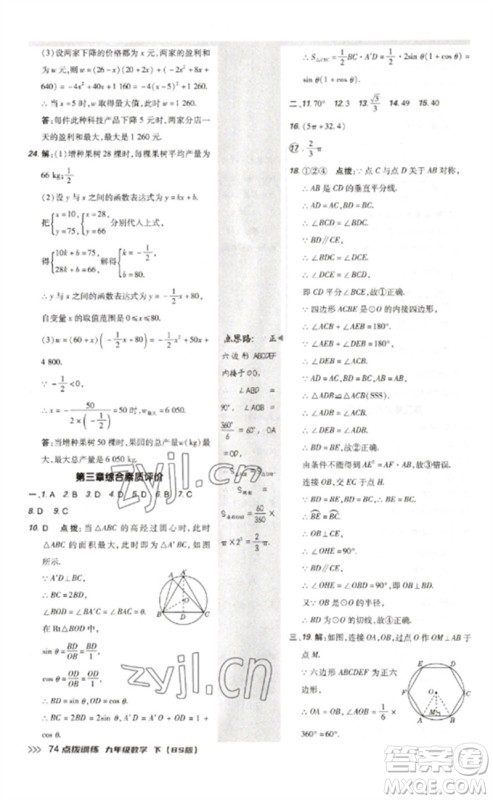 安徽教育出版社2023点拨训练九年级数学下册北师大版参考答案