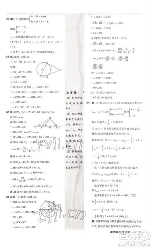 安徽教育出版社2023点拨训练九年级数学下册北师大版参考答案