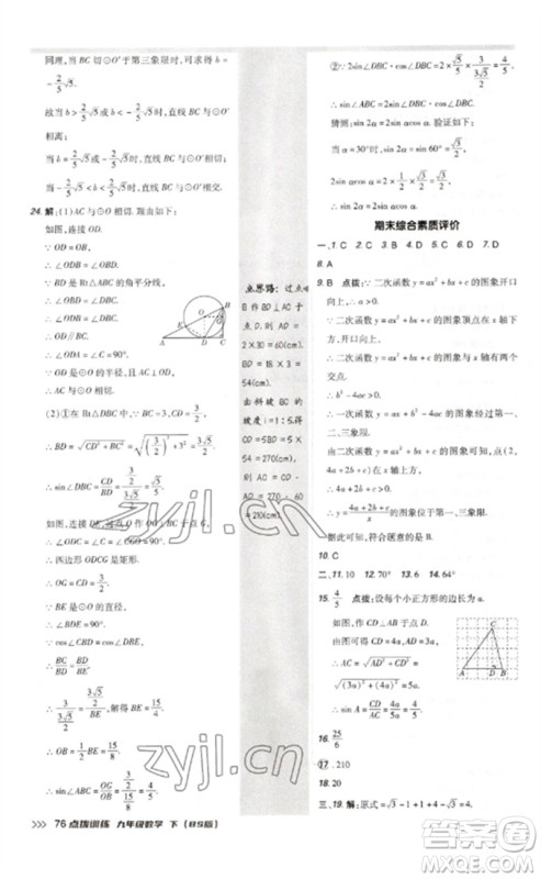 安徽教育出版社2023点拨训练九年级数学下册北师大版参考答案