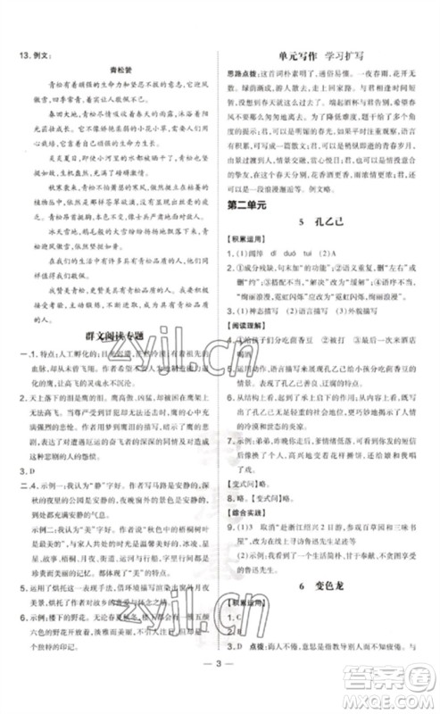 吉林教育出版社2023点拨训练九年级语文下册人教版参考答案