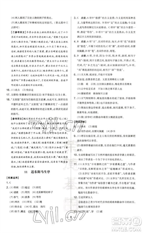 吉林教育出版社2023点拨训练九年级语文下册人教版参考答案