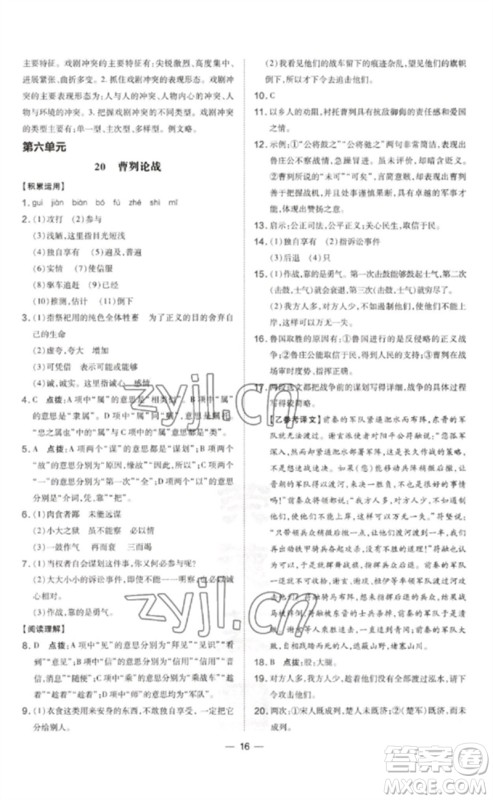 吉林教育出版社2023点拨训练九年级语文下册人教版参考答案