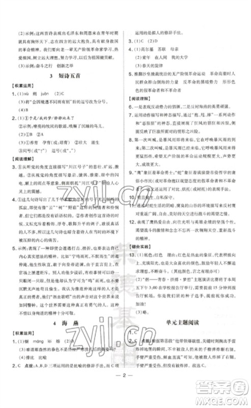 安徽教育出版社2023点拨训练九年级语文下册人教版安徽专版参考答案