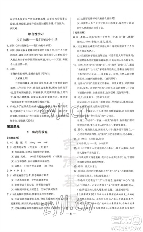 安徽教育出版社2023点拨训练九年级语文下册人教版安徽专版参考答案