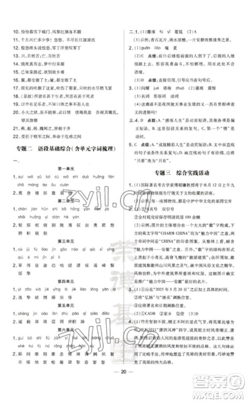 安徽教育出版社2023点拨训练九年级语文下册人教版安徽专版参考答案