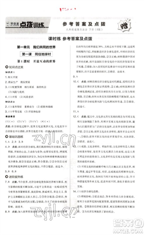 吉林教育出版社2023点拨训练九年级道德与法治下册人教版参考答案
