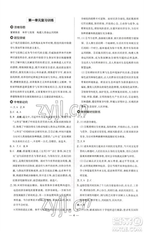 吉林教育出版社2023点拨训练九年级道德与法治下册人教版参考答案