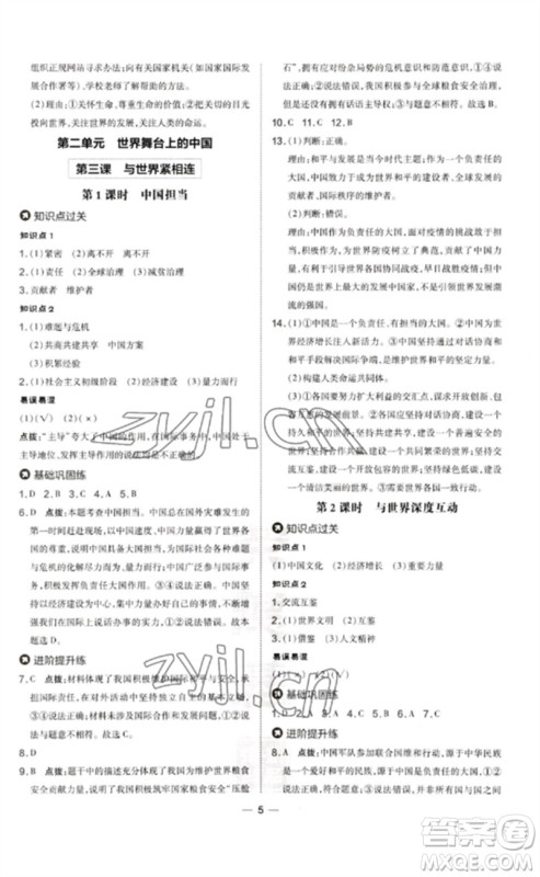 吉林教育出版社2023点拨训练九年级道德与法治下册人教版参考答案