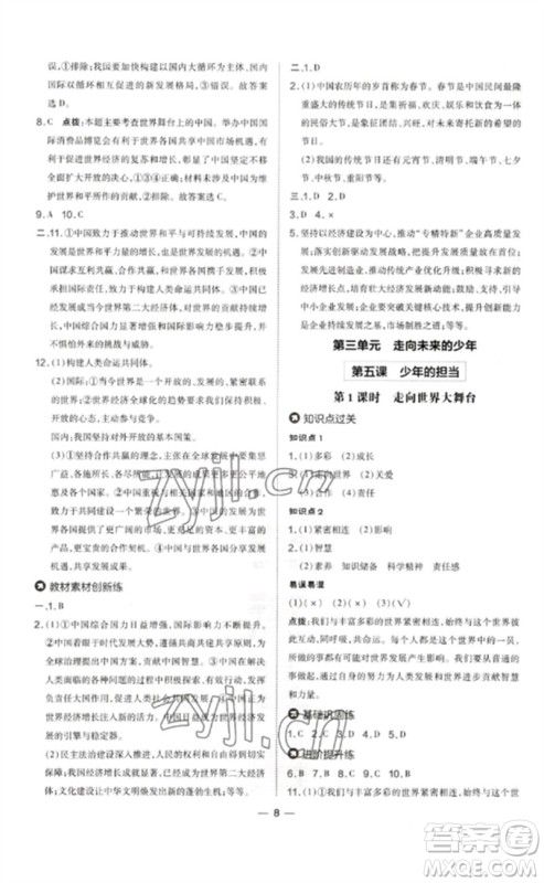 吉林教育出版社2023点拨训练九年级道德与法治下册人教版参考答案