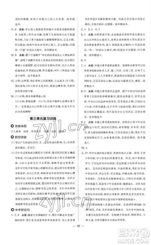 吉林教育出版社2023点拨训练九年级道德与法治下册人教版参考答案