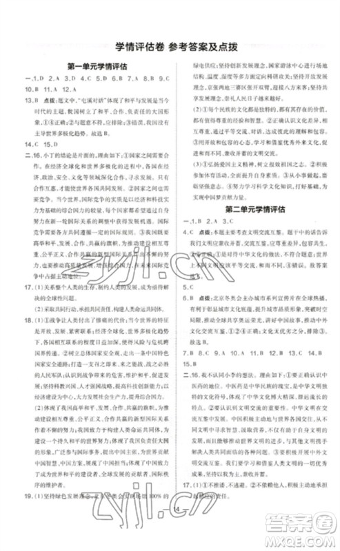 吉林教育出版社2023点拨训练九年级道德与法治下册人教版参考答案