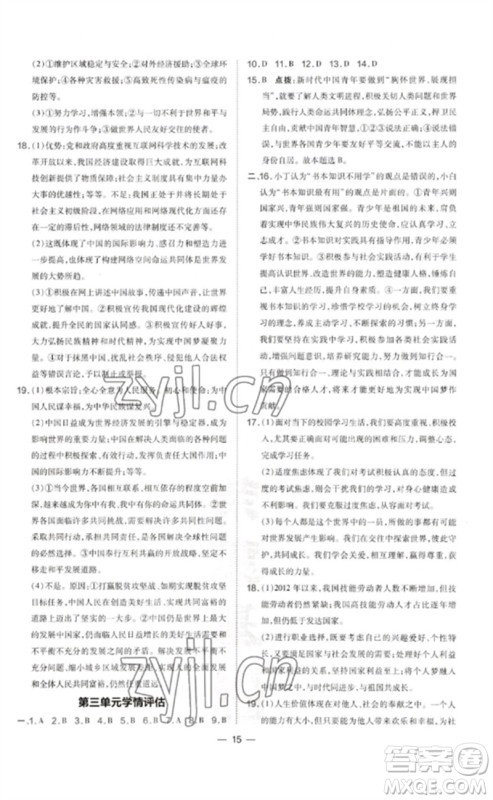 吉林教育出版社2023点拨训练九年级道德与法治下册人教版参考答案