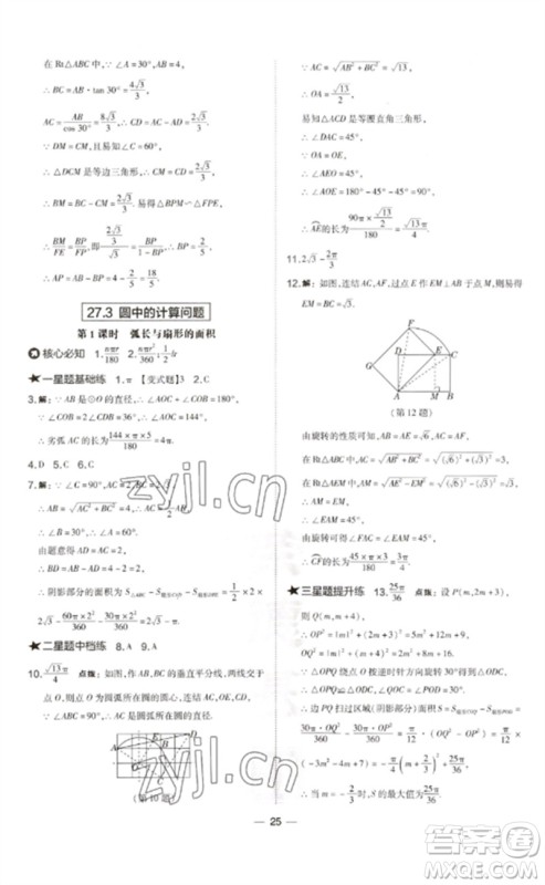 山西教育出版社2023点拨训练九年级数学下册华师大版参考答案