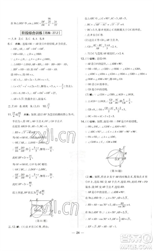 山西教育出版社2023点拨训练九年级数学下册华师大版参考答案