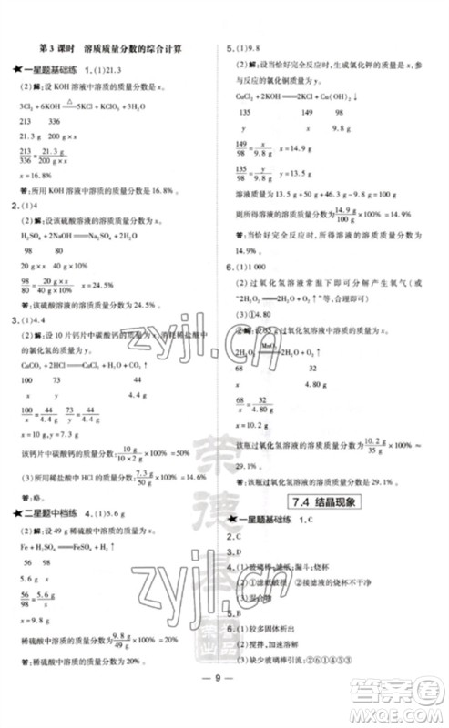 山西教育出版社2023点拨训练九年级化学下册科粤版参考答案