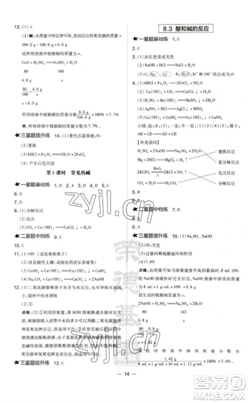 山西教育出版社2023点拨训练九年级化学下册科粤版参考答案