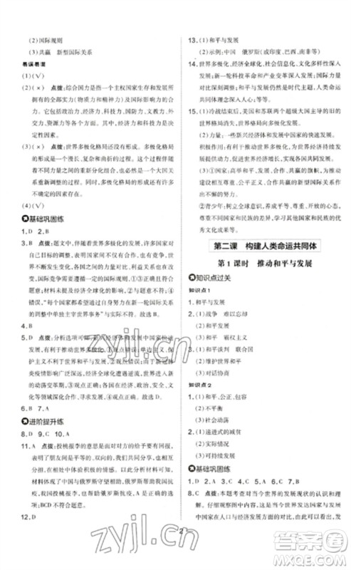 安徽教育出版社2023点拨训练九年级道德与法治下册人教版山西专版参考答案