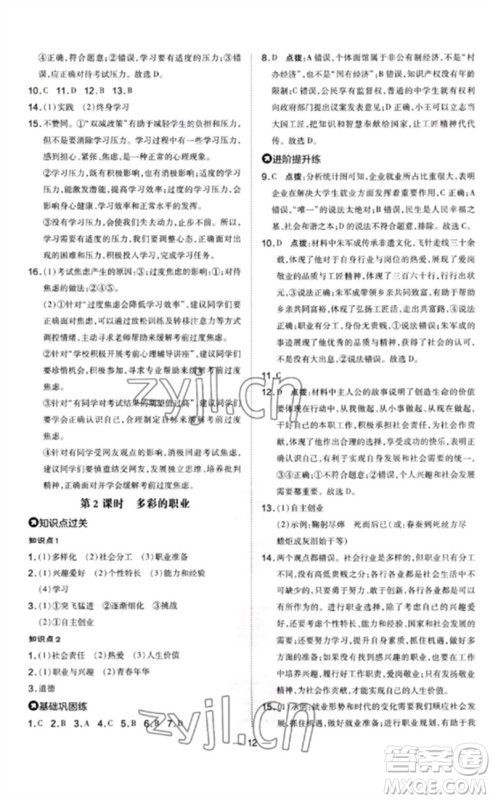 安徽教育出版社2023点拨训练九年级道德与法治下册人教版山西专版参考答案