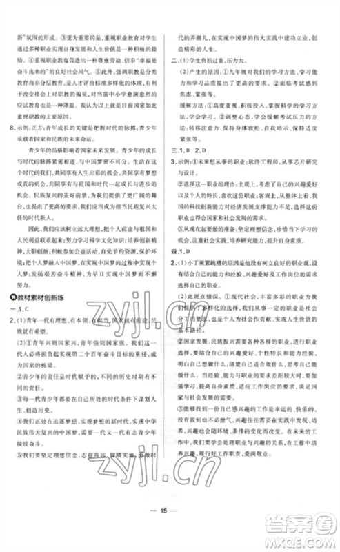 安徽教育出版社2023点拨训练九年级道德与法治下册人教版山西专版参考答案