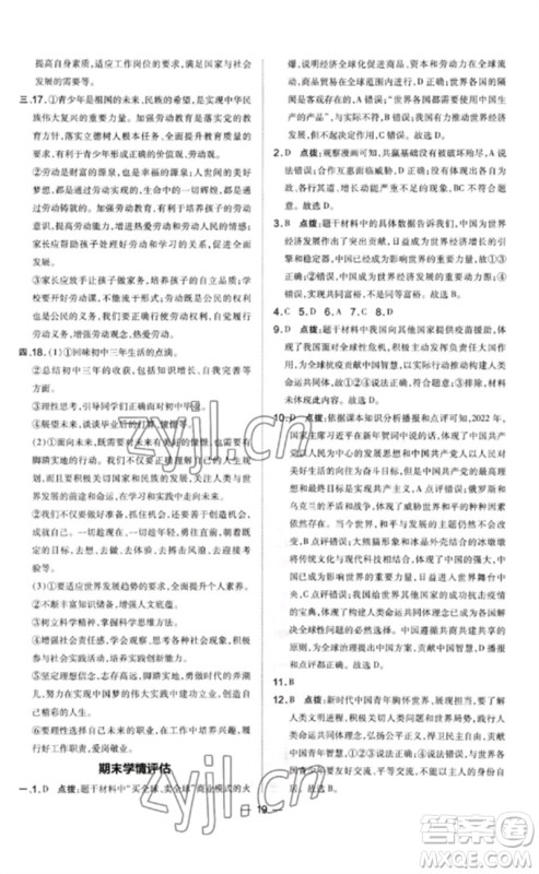 安徽教育出版社2023点拨训练九年级道德与法治下册人教版山西专版参考答案