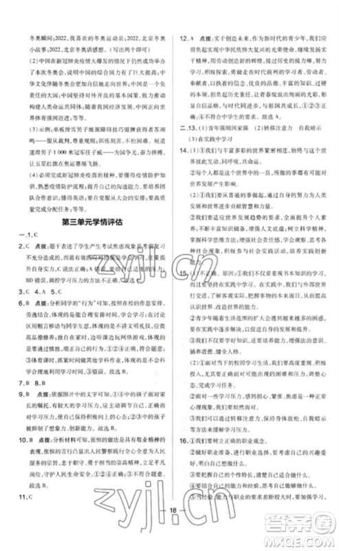 安徽教育出版社2023点拨训练九年级道德与法治下册人教版山西专版参考答案