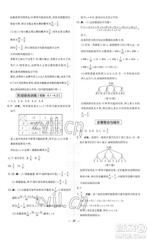 山西教育出版社2023点拨训练九年级数学下册湘教版参考答案