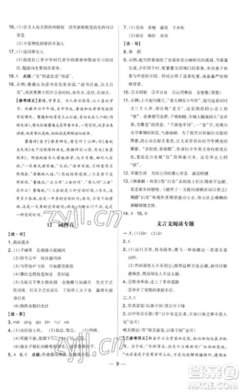 安徽教育出版社2023点拨训练九年级语文下册人教版山西专版参考答案