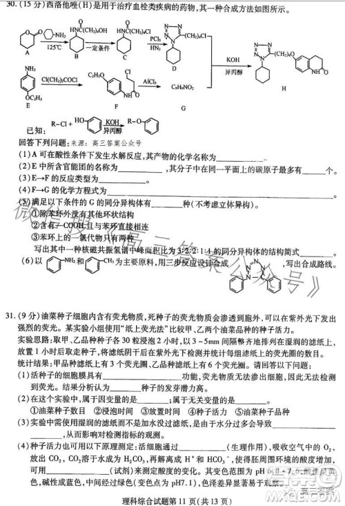 哈尔滨师大附中东北师大附中辽宁省实验中学2023高三第二次联合模拟考试理科综合试卷答案