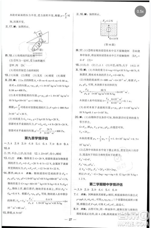 山西教育出版社2023点拨训练八年级物理下册沪科版参考答案