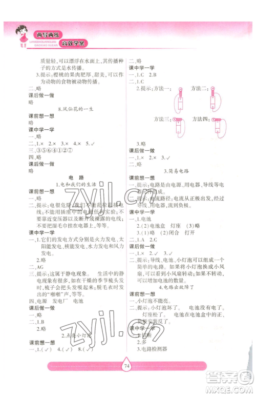 希望出版社2023新课标两导两练高效学案四年级下册科学教科版参考答案