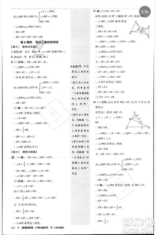 安徽教育出版社2023点拨训练八年级数学下册北师大版参考答案