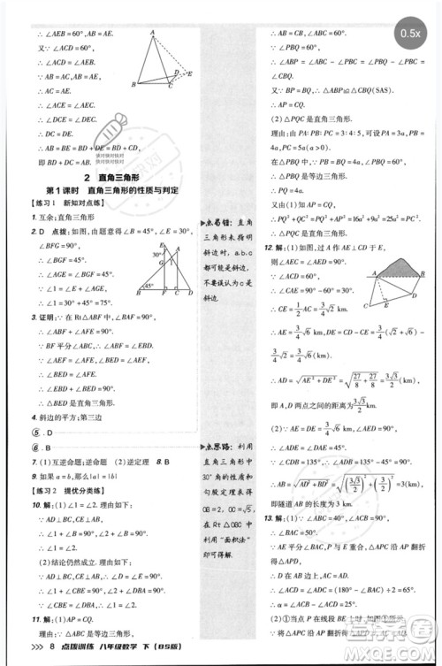 安徽教育出版社2023点拨训练八年级数学下册北师大版参考答案