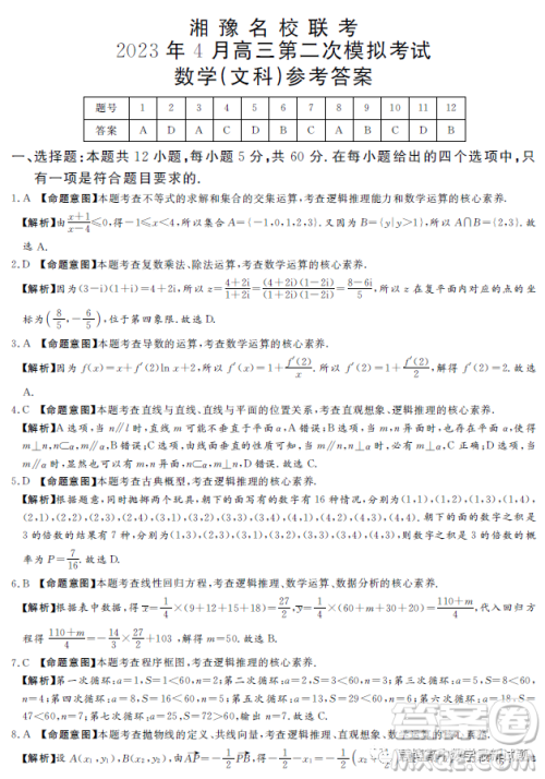 湘豫名校联考2023年4月高三第二次模拟考试文科数学试卷答案 湘豫名校联考2023年4月高三第二次模拟考试文科数学试卷答案