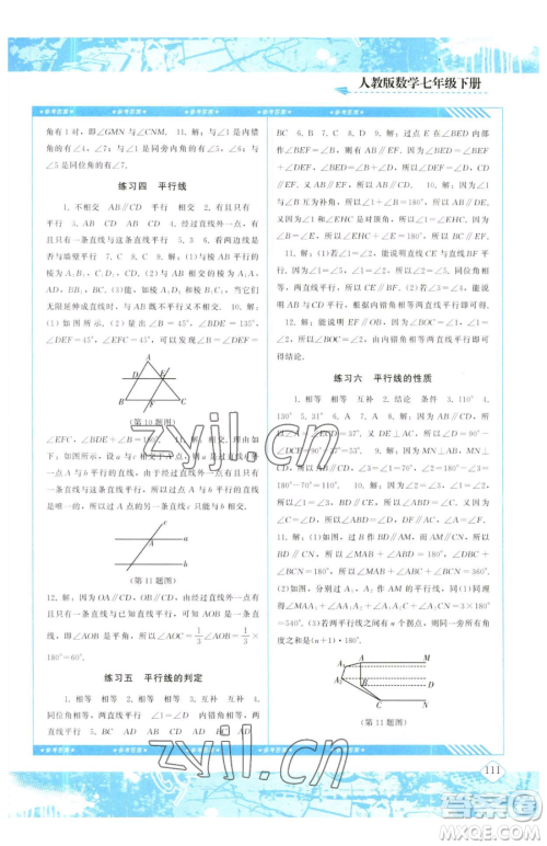 湖南少年儿童出版社2023同步实践评价课程基础训练七年级下册数学人教版参考答案