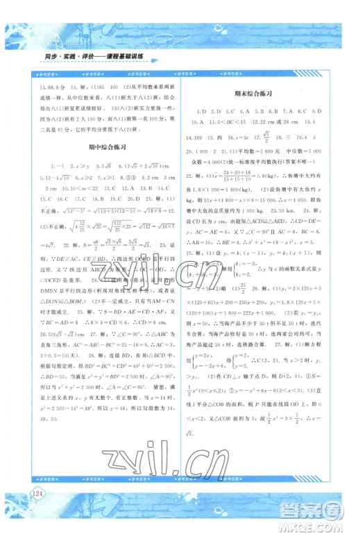 湖南少年儿童出版社2023同步实践评价课程基础训练八年级下册数学人教版参考答案 湖南少年儿童出版社2023同步实践评价课程基础训练八年级下册数学人教版参考答案