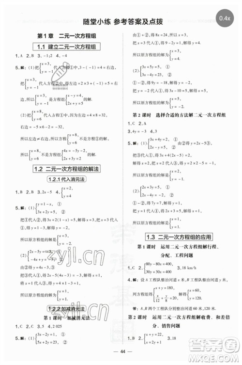 山西教育出版社2023点拨训练七年级数学下册湘教版参考答案