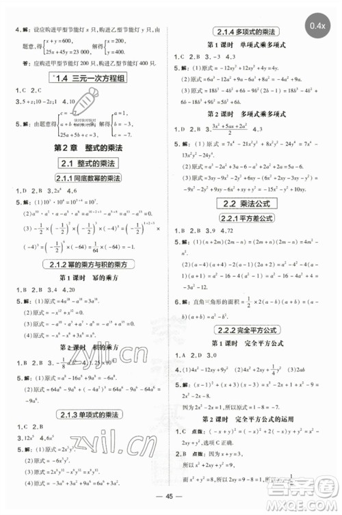 山西教育出版社2023点拨训练七年级数学下册湘教版参考答案