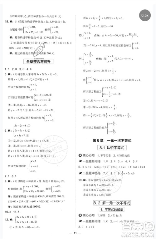 山西教育出版社2023点拨训练七年级数学下册华师大版参考答案