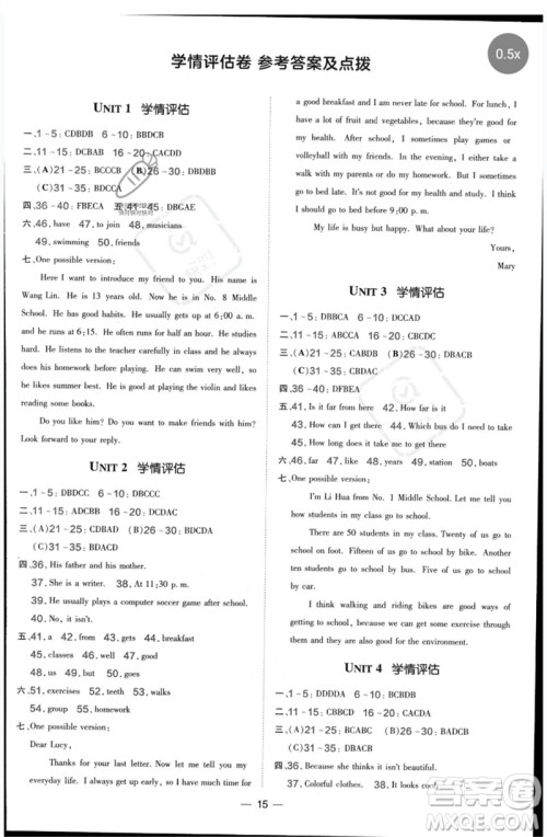 吉林教育出版社2023点拨训练七年级英语下册人教版参考答案 吉林教育出版社2023点拨训练七年级英语下册人教版参考答案