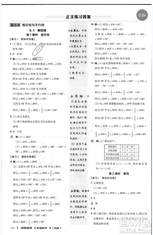 吉林教育出版社2023点拨训练七年级数学下册人教版参考答案