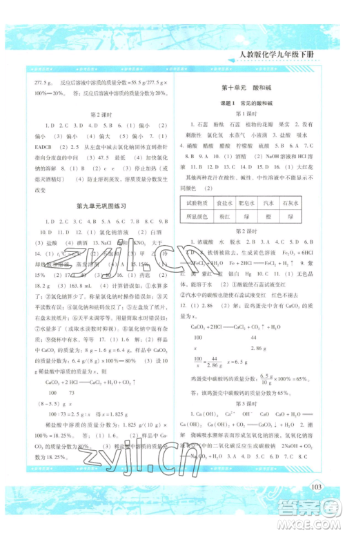 湖南少年儿童出版社2023同步实践评价课程基础训练九年级下册化学人教版参考答案