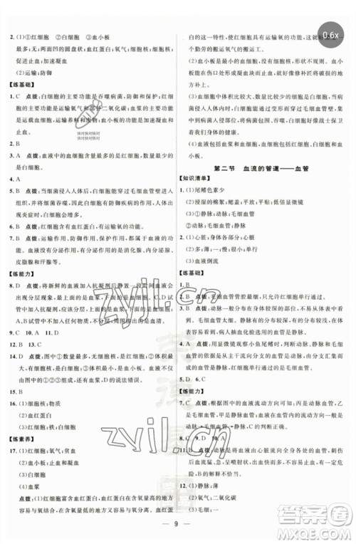 吉林教育出版社2023点拨训练七年级生物下册人教版参考答案