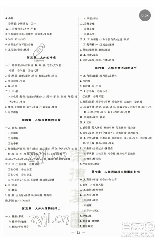 吉林教育出版社2023点拨训练七年级生物下册人教版参考答案