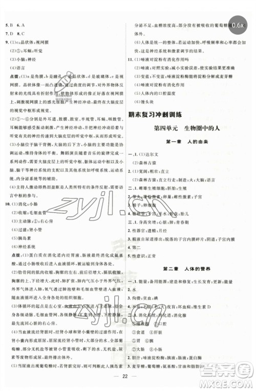 吉林教育出版社2023点拨训练七年级生物下册人教版参考答案