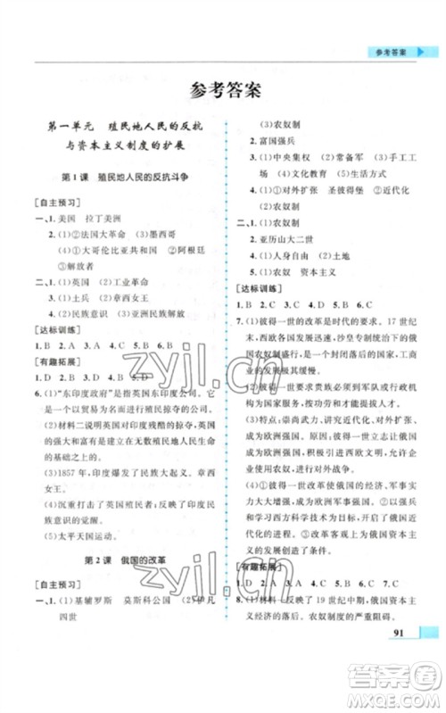 甘肃教育出版社2023名师点拨配套练习课时作业九年级历史下册人教版参考答案